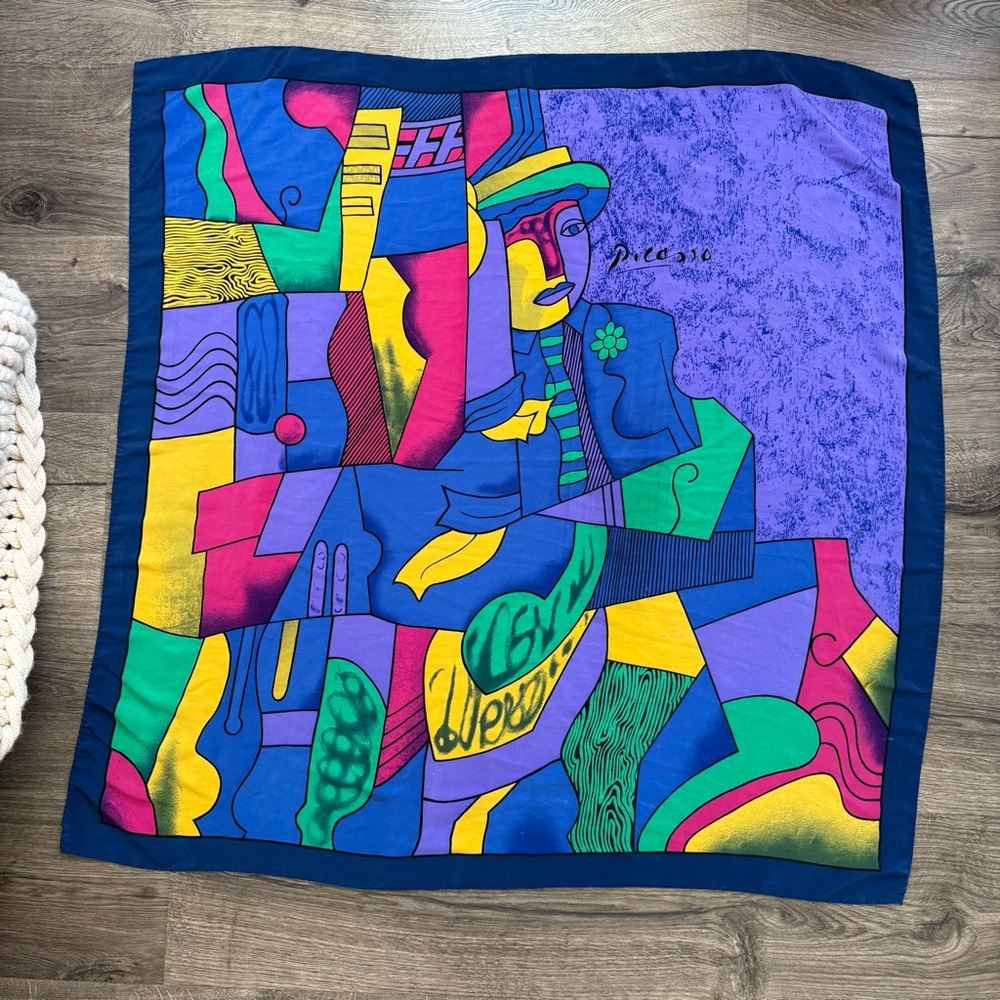 Vintage Picasso Abstract Cubist Multi Color Artwork Funky Shawl Silk Scarf USED